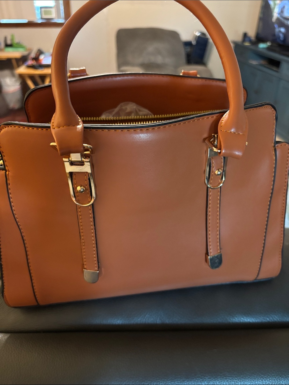 Structured Tan Satchel Handbag - Women Bags - Picture 2 of 5